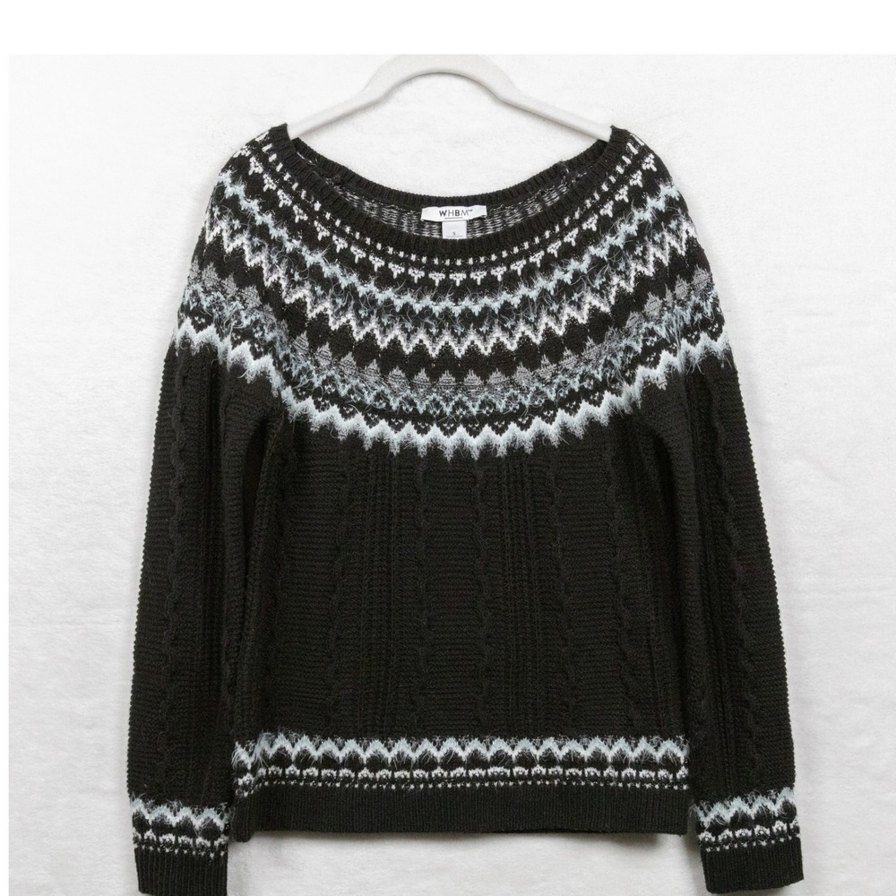 WHITE HOUSE BLACK MARKET Fair Isle Metallic Cable Knit Sweater Black Sz S